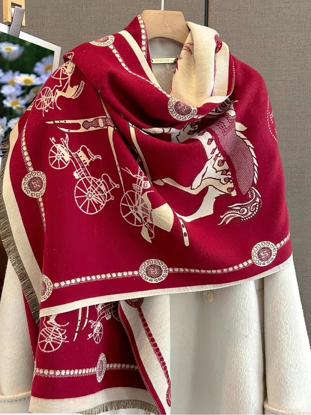 Luxurious Red & Cream Horse-Print Wool Blend Scarf